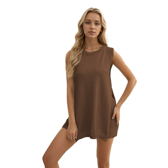 FLMEI Womens Tank Tops Outfit 2PCS Summer Solid Color Sleeveless Loose Split Knit Shirt + Shorts Casual Set for Women's S-XL