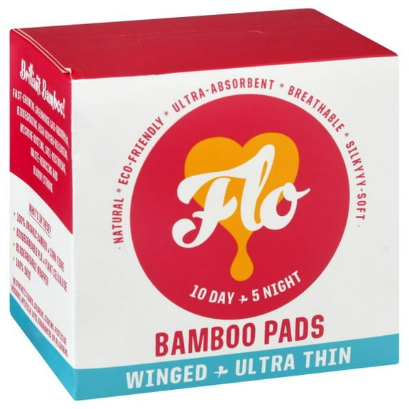 FLO - Organic Bamboo Pads, Natural non-GMO Comfort Cotton, Eco-Friendly, Plant-Based, Biodegradable & Plastic Free, Superior Leak-Busting Protection, Day & Night Combo Pack, 15 Count
