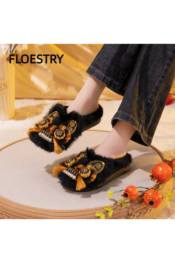 FLOESTREY Ladies' Handcrafted Tiger-Head Design Cotton Slippers with Embroidery Flat-Soled Cotton Slippers Comfortable and Warm