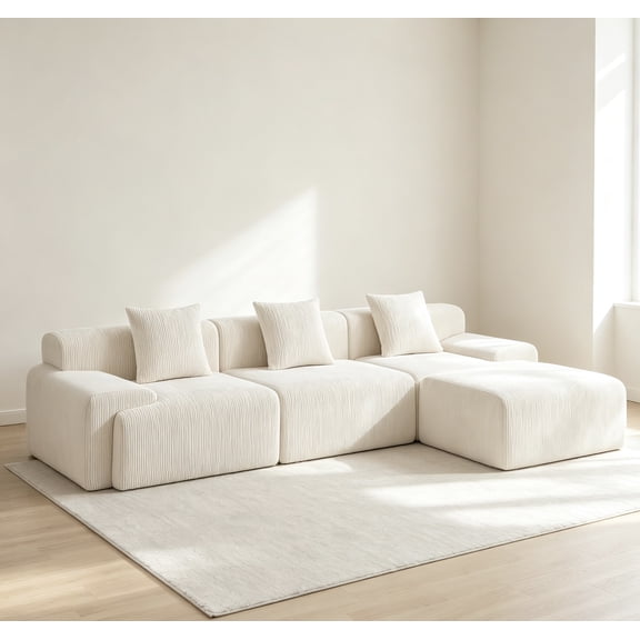 FLOGUOR 118" L-Shaped Boneless Couch, Modular Sectional Sofa with Ottoman, 4-Seater Corduroy Cloud Couch, High Resilience Sponge Deep Seat Sofa, No Assembly Required