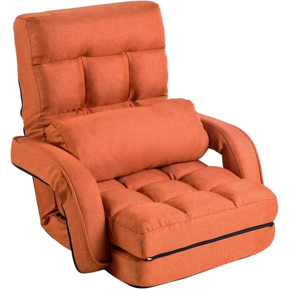 FLOGUOR 14-Position Adjustable Floor Chair, Chaise Lounge Indoor, Folding Lazy Sofa with Armrests and a Pillow Padded Adults Gaming Chairs for Living Room, Bedroom Factory Price,8803 (Orange)