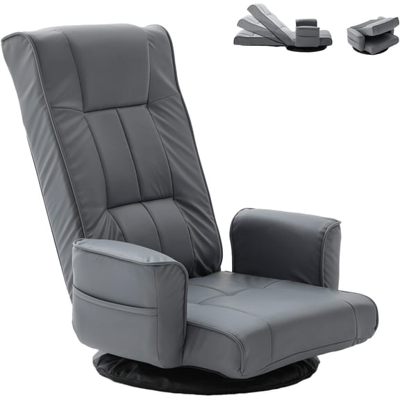 FLOGUOR 360° Swivel Gaming Floor Chair with Armrests – 14-Position Adjustable Folding Floor Sofa Lounger, Padded Backrest, Multi-Angle Recline for Home, Living Room & Office (Grey)
