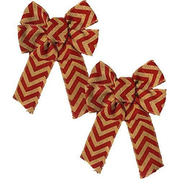 FLOMO Christmas Holiday 8.75" x 15" 4-Loop Red Chevron Burlap Bow (2 Bows)