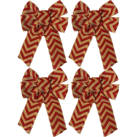 FLOMO Christmas Holiday 8.75" x 15" 4-Loop Red Chevron Burlap Bow (4 Bows)