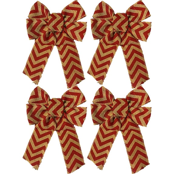 FLOMO Christmas Holiday 8.75" x 15" 4-Loop Red Chevron Burlap Bow (4 Bows)
