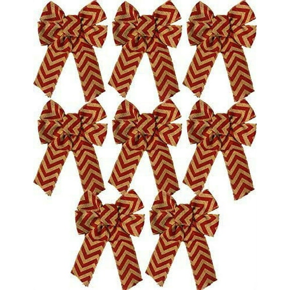 FLOMO Christmas Holiday 8.75" x 15" 4-Loop Red Chevron Burlap Bow (8 Bows)