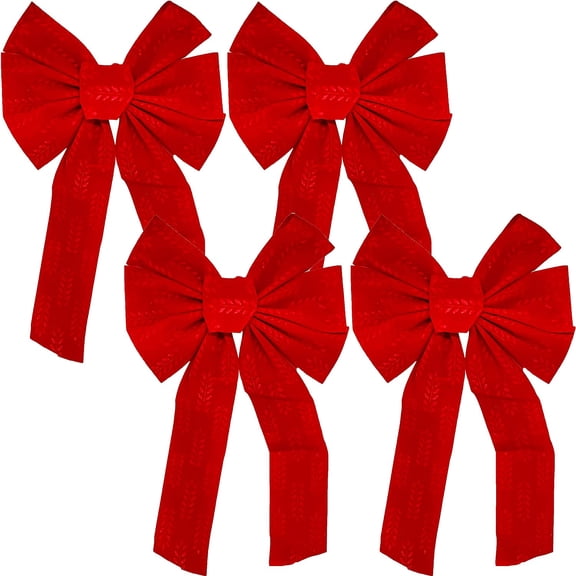 FLOMO Christmas Holiday Large Red Velvet Bow with Holly Leaf Imprint- 22" Long 10" Wide (4 Bows)