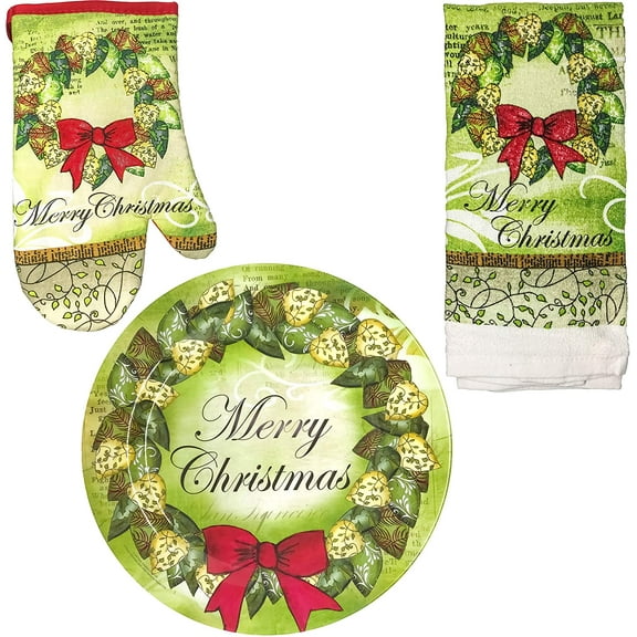 FLOMO Christmas/Holiday Printed Kitchen Oven Mitt, Towel, and Plate Set (Wreath)