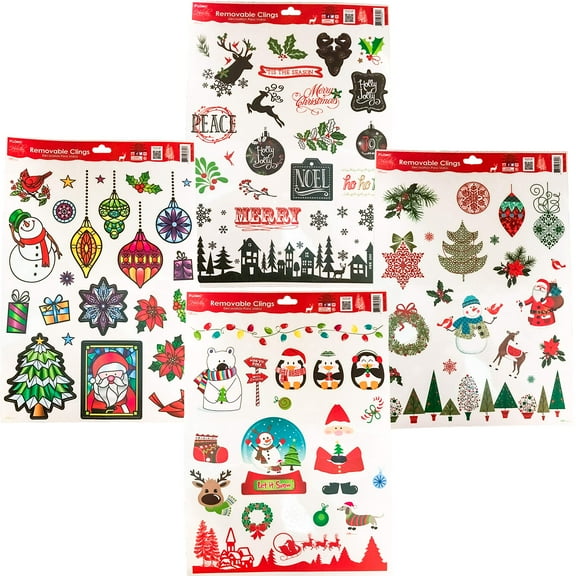 FLOMO Christmas Holiday Removeable Santa Penguin Snowman Christmas Trees Static Window Clings (Set of 4)