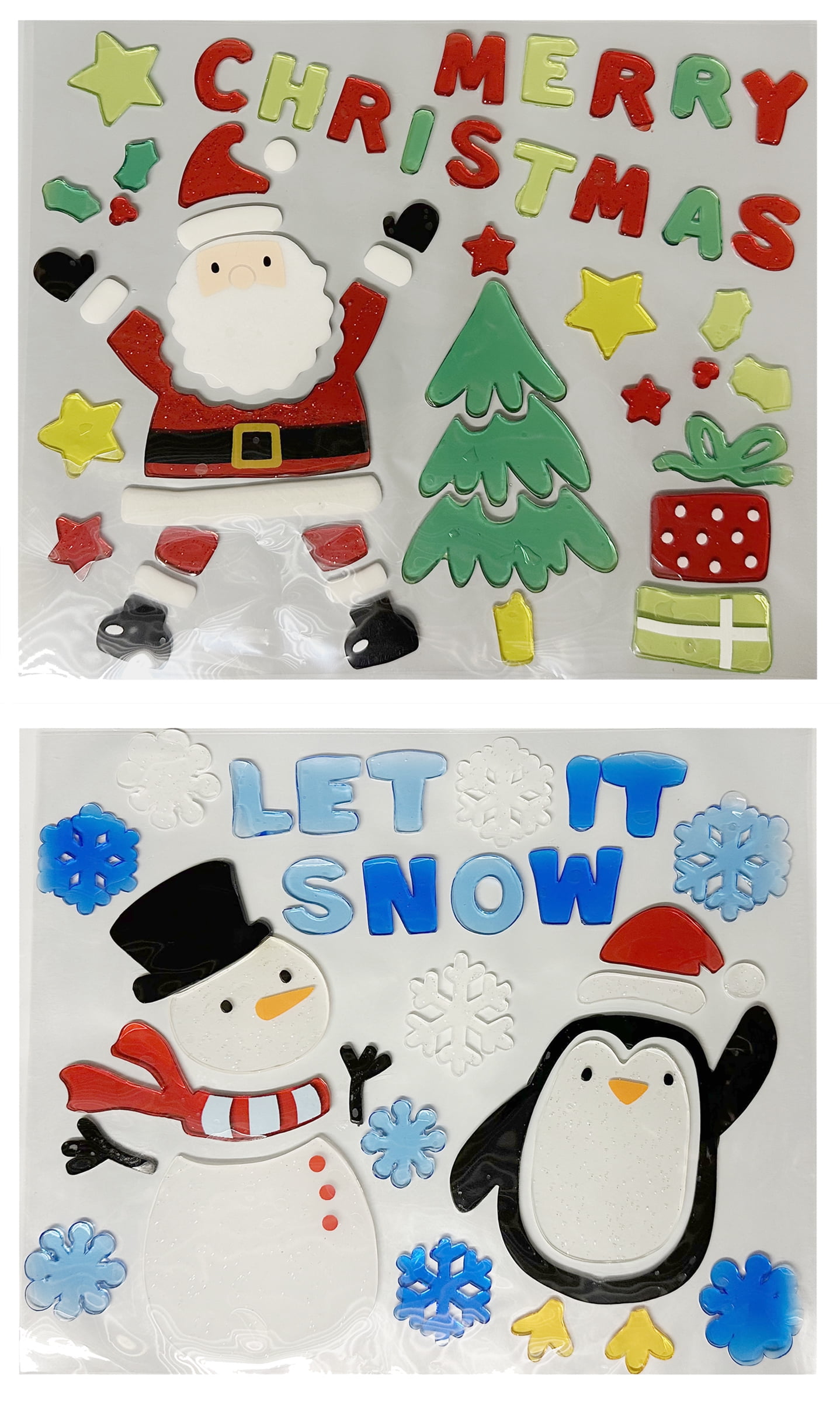 FLOMO Christmas Holiday Snowman, Santa, Snowflakes, Christmas Tree, & Presents Window Glitter Gel Cling Decor (Set of 2)