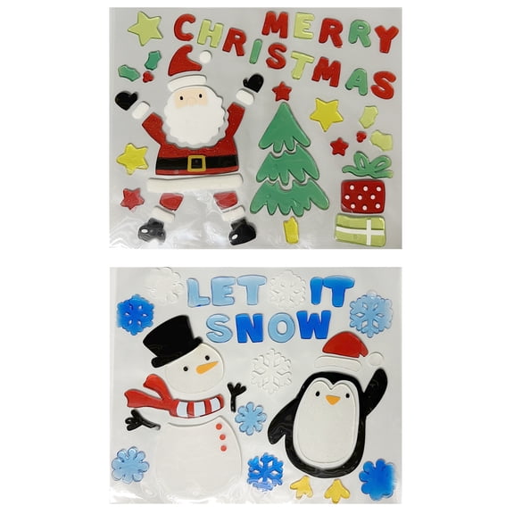 FLOMO Christmas Holiday Snowman, Santa, Snowflakes, Christmas Tree, & Presents Window Glitter Gel Cling Decor (Set of 2)