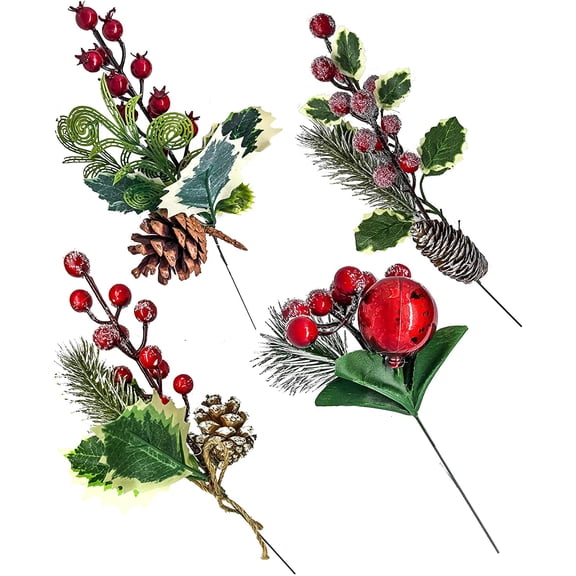 FLOMO Christmas Pair of Festive Holiday Artificial Pinecone Picks, Winter and Natural Designs (4 Pinecone Picks)