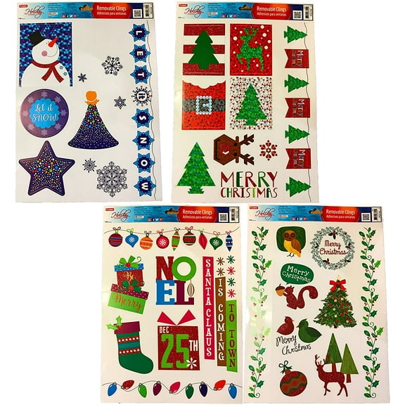 FLOMO Christmas Static Removable Window Cling Decorations- 2 Large Sheet Sets Featuring Let It Snow, Snowmen, Snowflakes, Reindeer and More (Set of All 4)