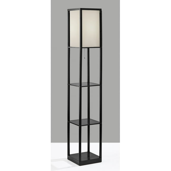 Mainstays 62" Plastic Black Shelf Floor Lamp, Sustainable White Fabric Shade ,Modern Design, New Condition, Adult and Dorm Room Use