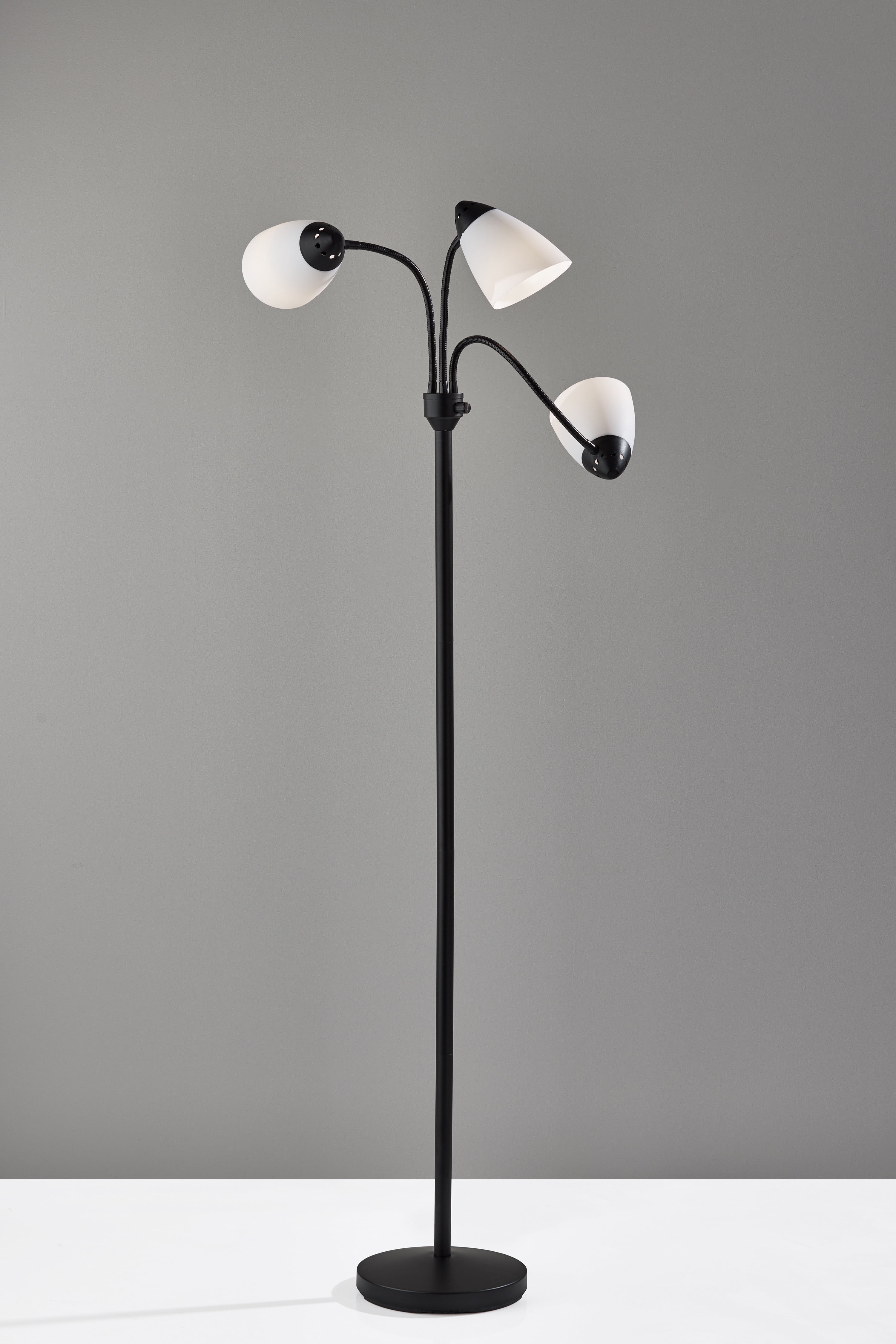 Mainstays 3 Head Adjustable floor lamp, Black with white plastic shades, Classic, Young adult, Adult use