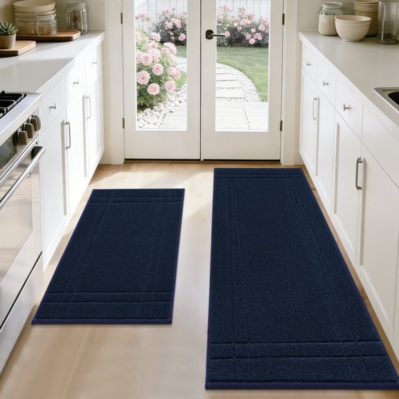 FLOORHUG Non-Slip Kitchen Mats, Absorbent Floor Mat Set of 2, Washable Floor Mat, Soft Comfort Floor Mat for Kitchen, Bathroom, Laundry Room, Bedroom, 24"x 36"+ 24"x 60", Navy