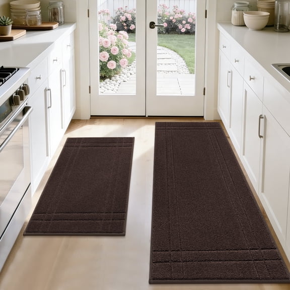 FLOORHUG Non-Slip Kitchen Mats, Absorbent Floor Mat Set of 2, Washable Floor Mat, Soft Comfort Floor Mat for Kitchen, Bathroom, Laundry Room, Bedroom, 24"x 36"+ 24"x 60", Brown
