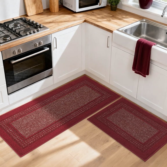 FLOORHUG Non-slip Kitchen Rug Set, Absorbent Floor Mat Set of 2, Machine Washable Kitchen Mat Set for Kitchen, Bathroom, Laundry Room, Bedroom, 20”x32”+20”x48”, Red
