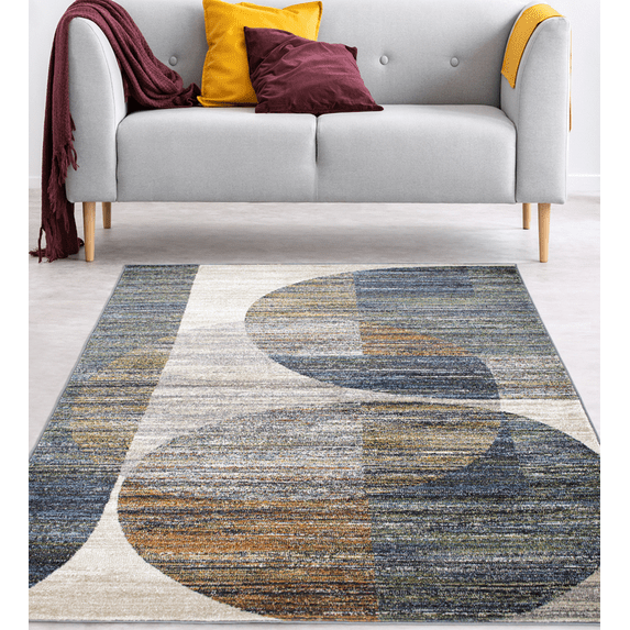 FLOORPLAY 5.3x7.6 Washable Area Rug, Modern Abstract Gray Blue Geometric Pattern, Distressed Non-Slip Area Rug for Bedroom & Living Room, Medium Pile