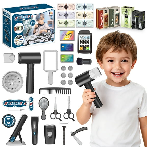 FLOOYES Kids Hair Salon Toy Set, Pretend Play Stylist Shave Accessories for Boys 3-12 Age Birthday Gift