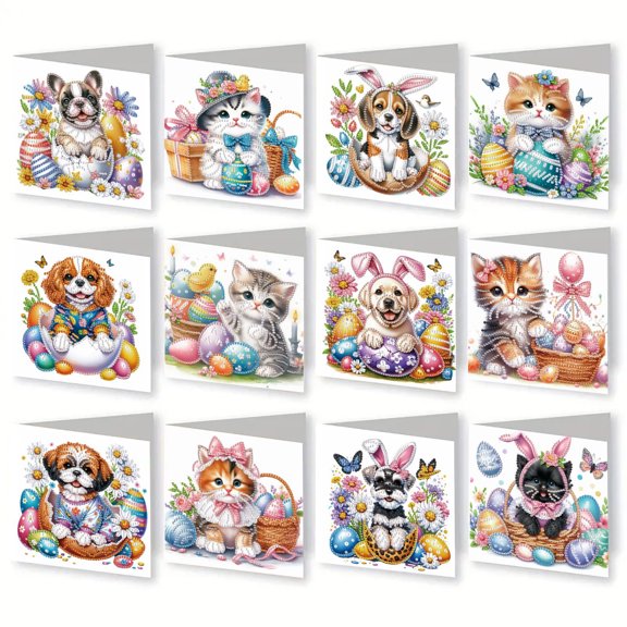 FLOPESN 12PCS Easter Diamond Art Folding Greeting Card Set, 15x15cm Holiday Blessing Gift with Envelopes, DIY Craft Kit