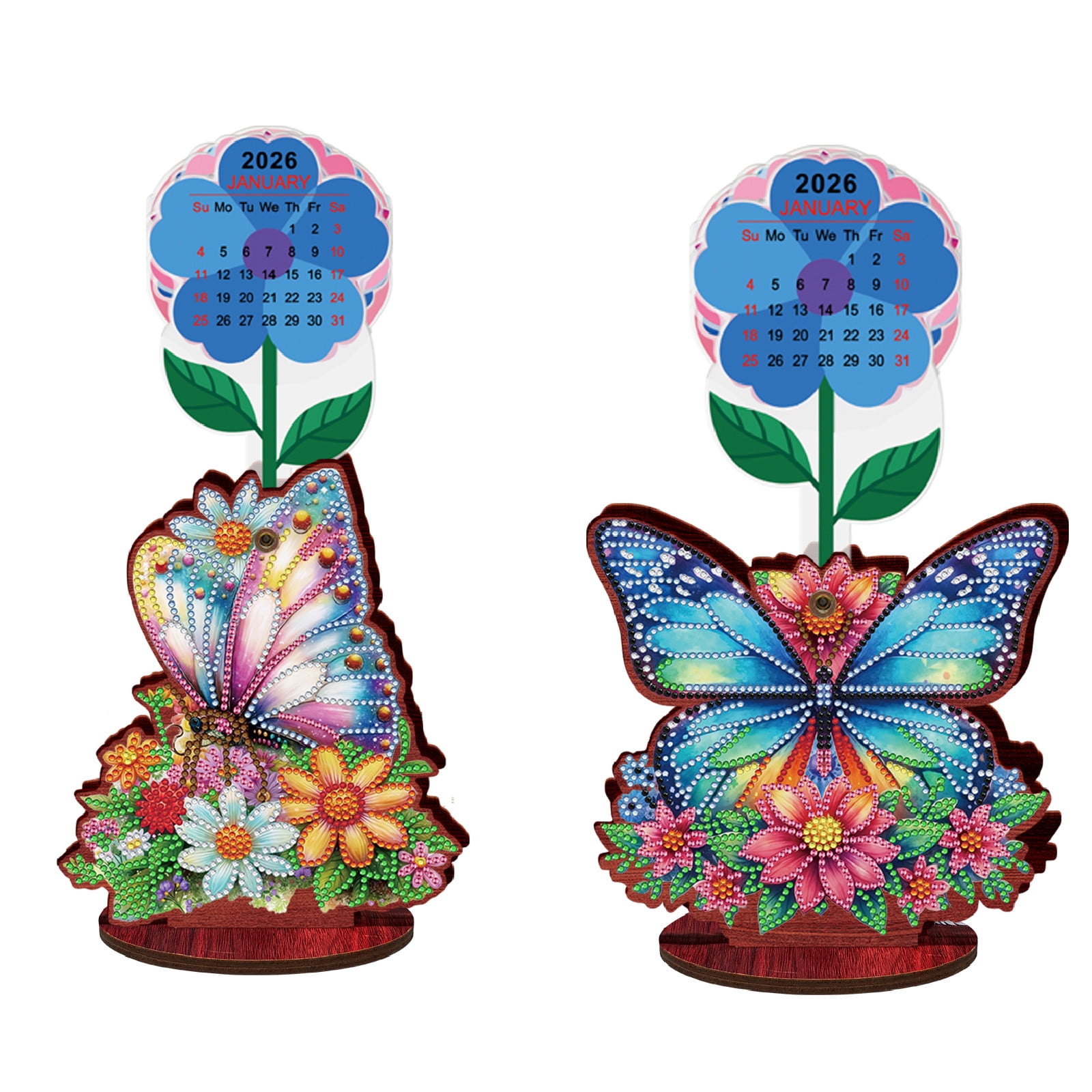 FLOPESN 2026-2027 Wooden Desktop Calendar DIY Diamond Art Painting Kits,Creative Design PVC Insert Home Decor Ornament-2PCS-Butterfly