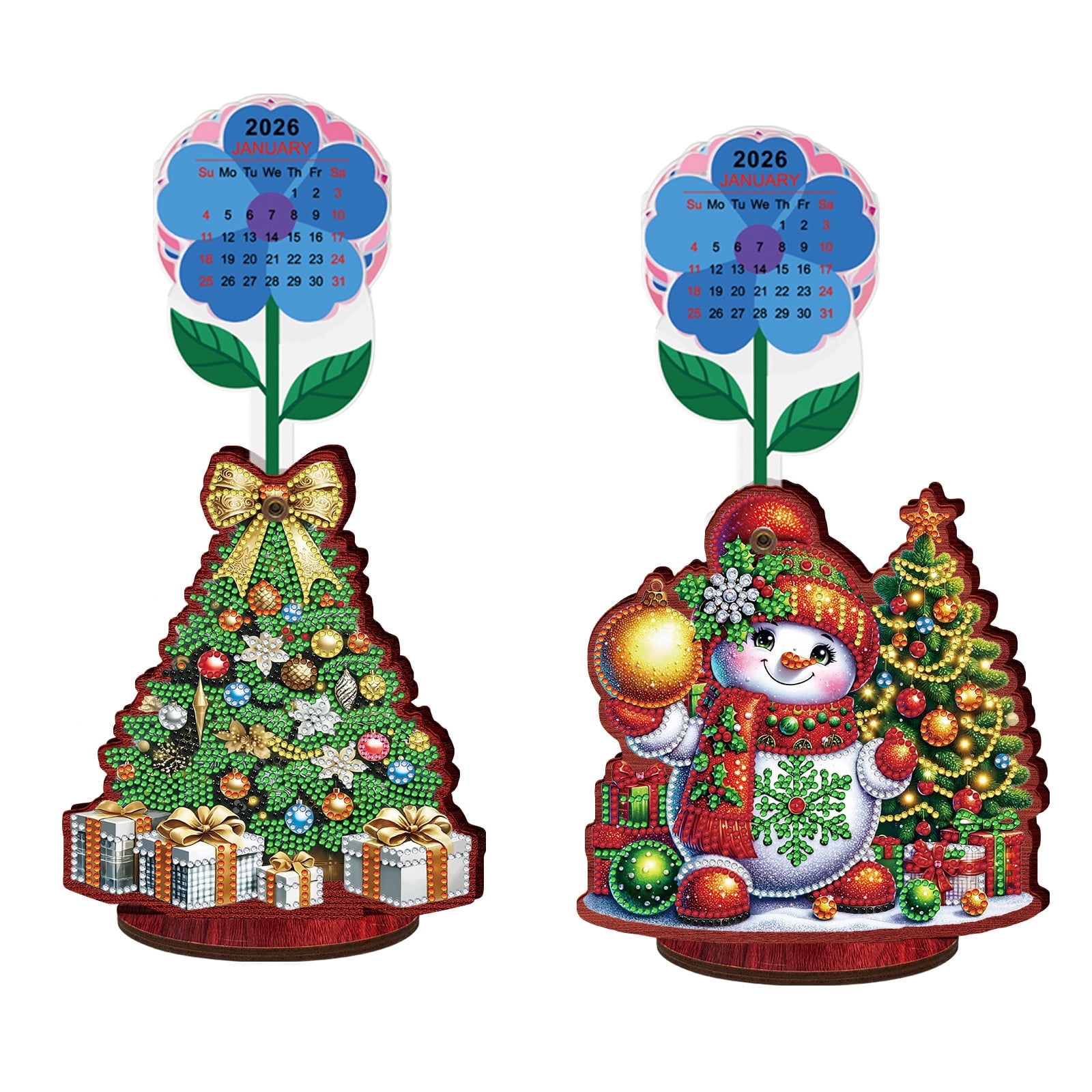 FLOPESN 2026-2027 Wooden Desktop Calendar DIY Diamond Art Painting Kits,Creative Design PVC Insert Home Decor Ornament-2PCS-Christmas