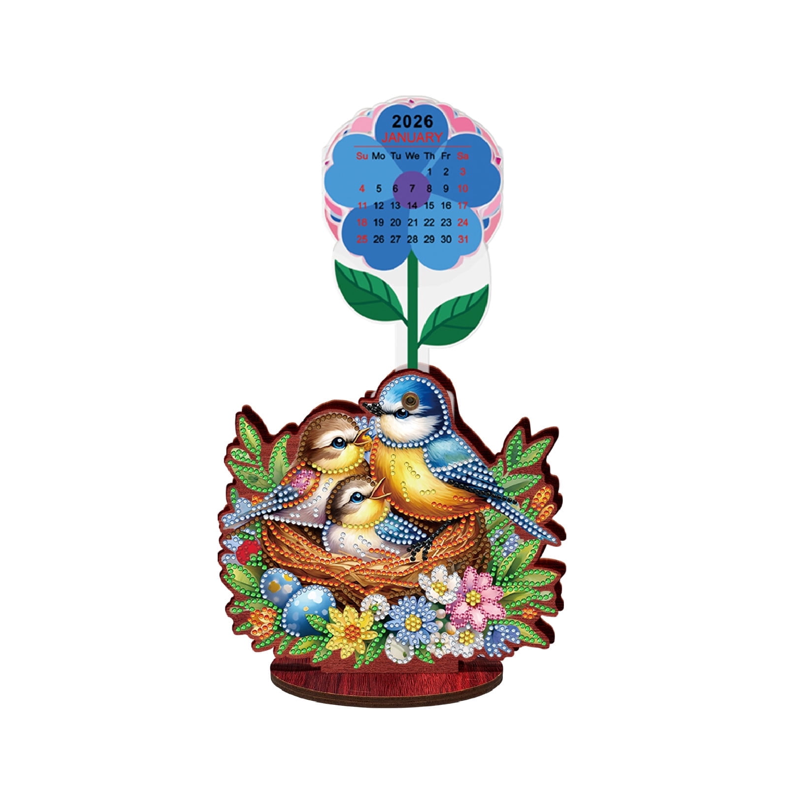 FLOPESN 2026-2027 Wooden Desktop Calendar DIY Diamond Art Painting Kits,Creative Design PVC Insert Home Decor Ornament-Bird