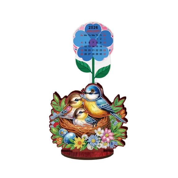FLOPESN 2026-2027 Wooden Desktop Calendar DIY Diamond Art Painting Kits,Creative Design PVC Insert Home Decor Ornament-Bird