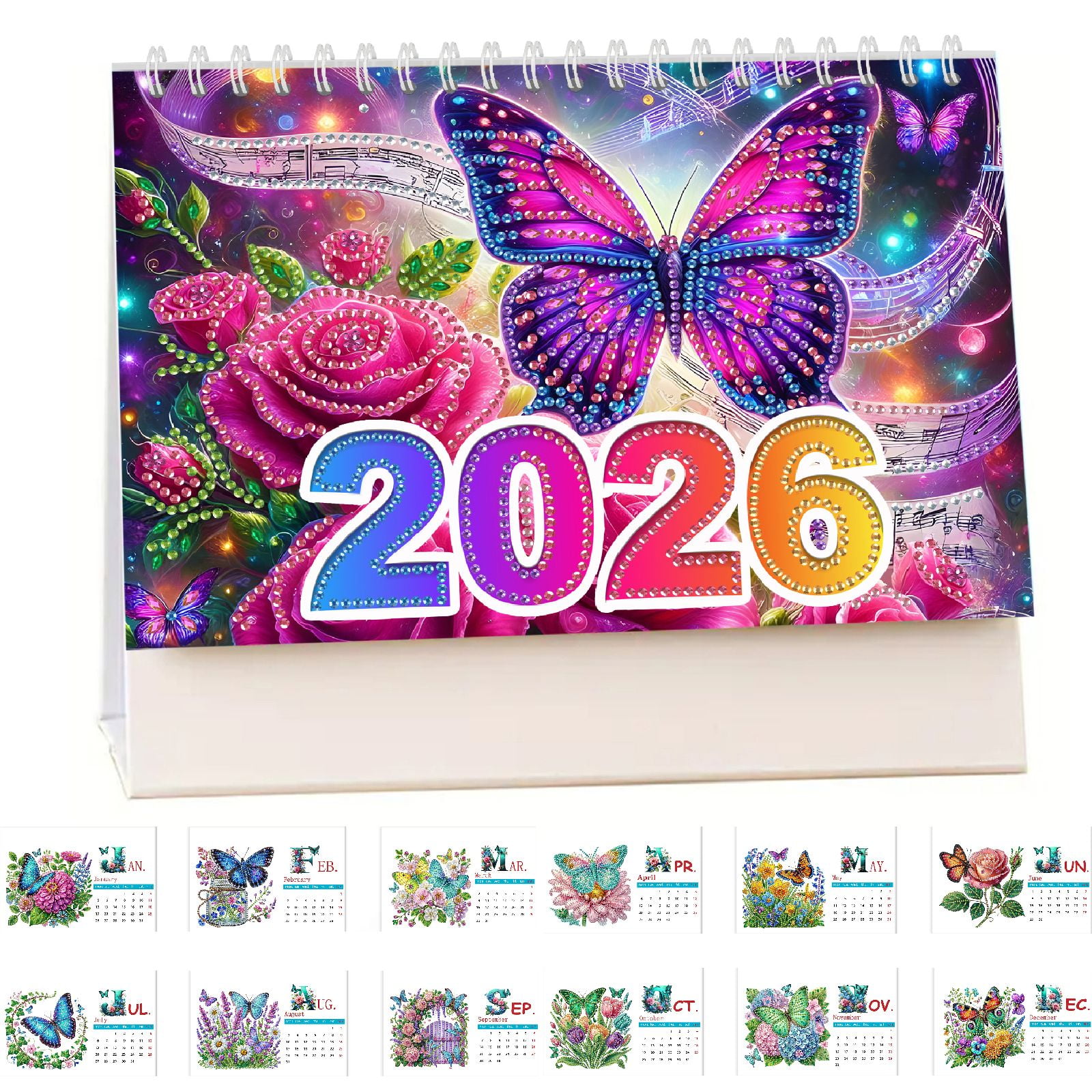 FLOPESN 2026 DIY Diamond Art Painting Desk Calendar,Thick Paper Monthly Flip Tabletop Calendar with To Do List for Home Office Planning-Butterfly