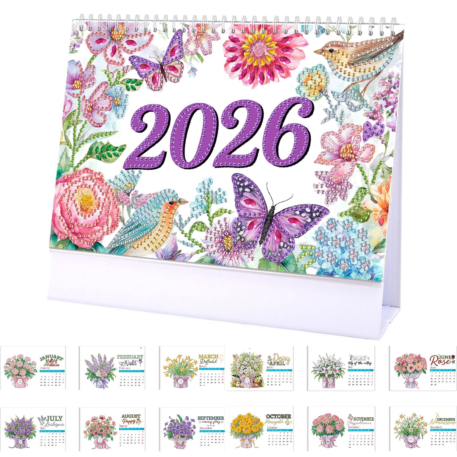 FLOPESN 2026 DIY Diamond Art Painting Desk Calendar,Thick Paper Monthly Flip Tabletop Calendars for Office Home Decor Planning-Bouquet