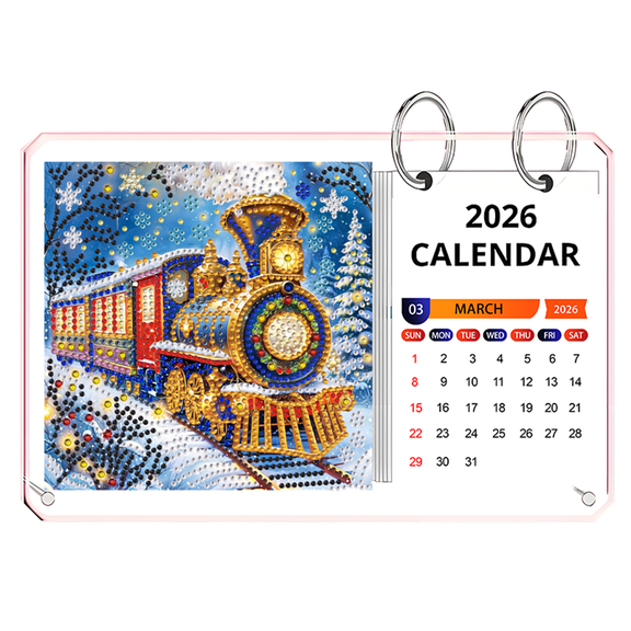FLOPESN 2026 Desk Calendar DIY Diamond Painting Craft Kit, 11.81*7.48 in Acrylic Material Flip Calendar with Special Drills for Home Office Decor-Train