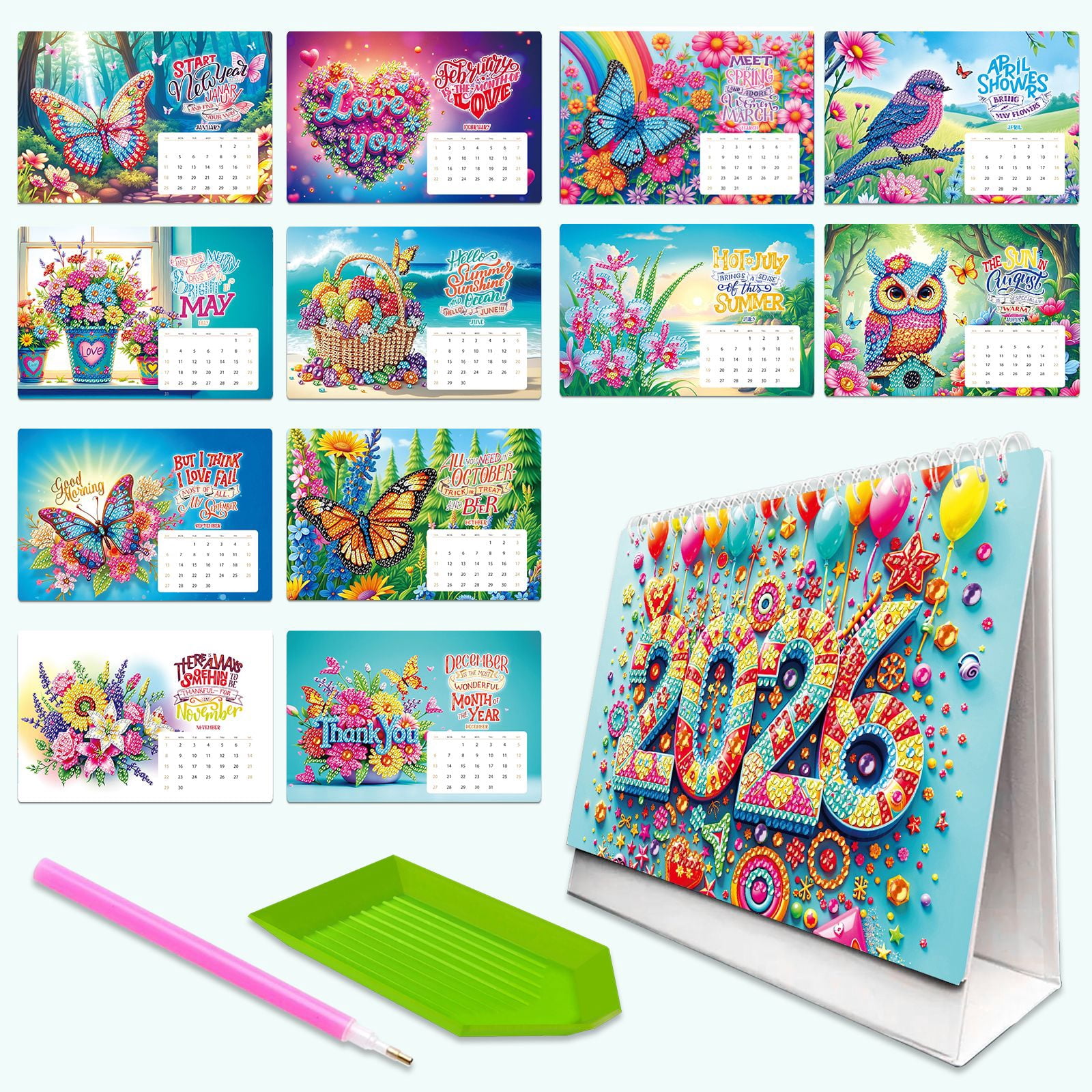 FLOPESN 2026 Desk Calendar DIY Diamond Painting Craft Kit, 7.68*6.69 in Paper Calendar with Special Drills for Home Office Decor-Butterfly