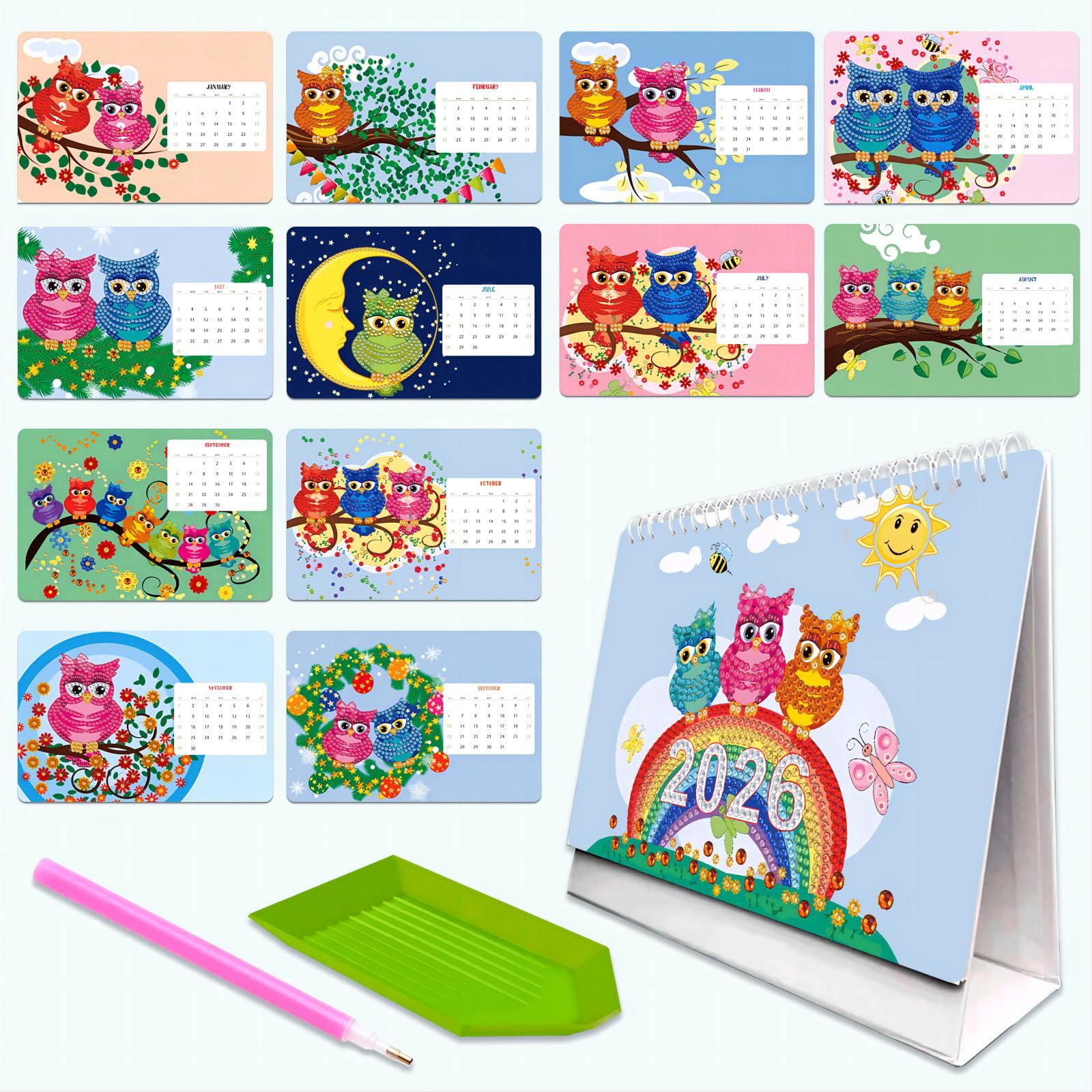 FLOPESN 2026 Desk Calendar DIY Diamond Painting Craft Kit, 7.68*6.69 in Paper Calendar with Special Drills for Home Office Decor-Colorful Owl