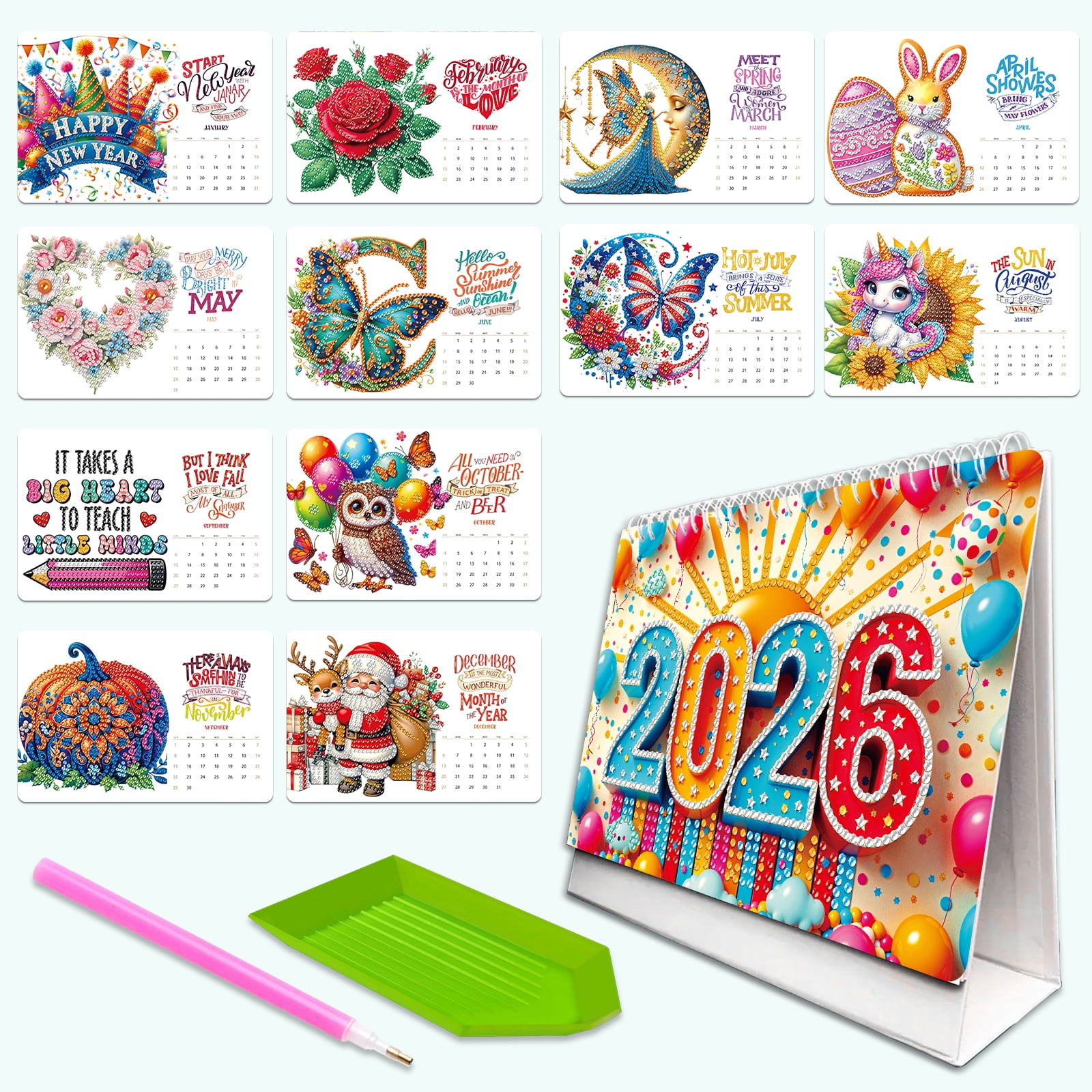 FLOPESN 2026 Desk Calendar DIY Diamond Painting Craft Kit, 7.68*6.69 in Paper Calendar with Special Drills for Home Office Decor-Flower Annimal