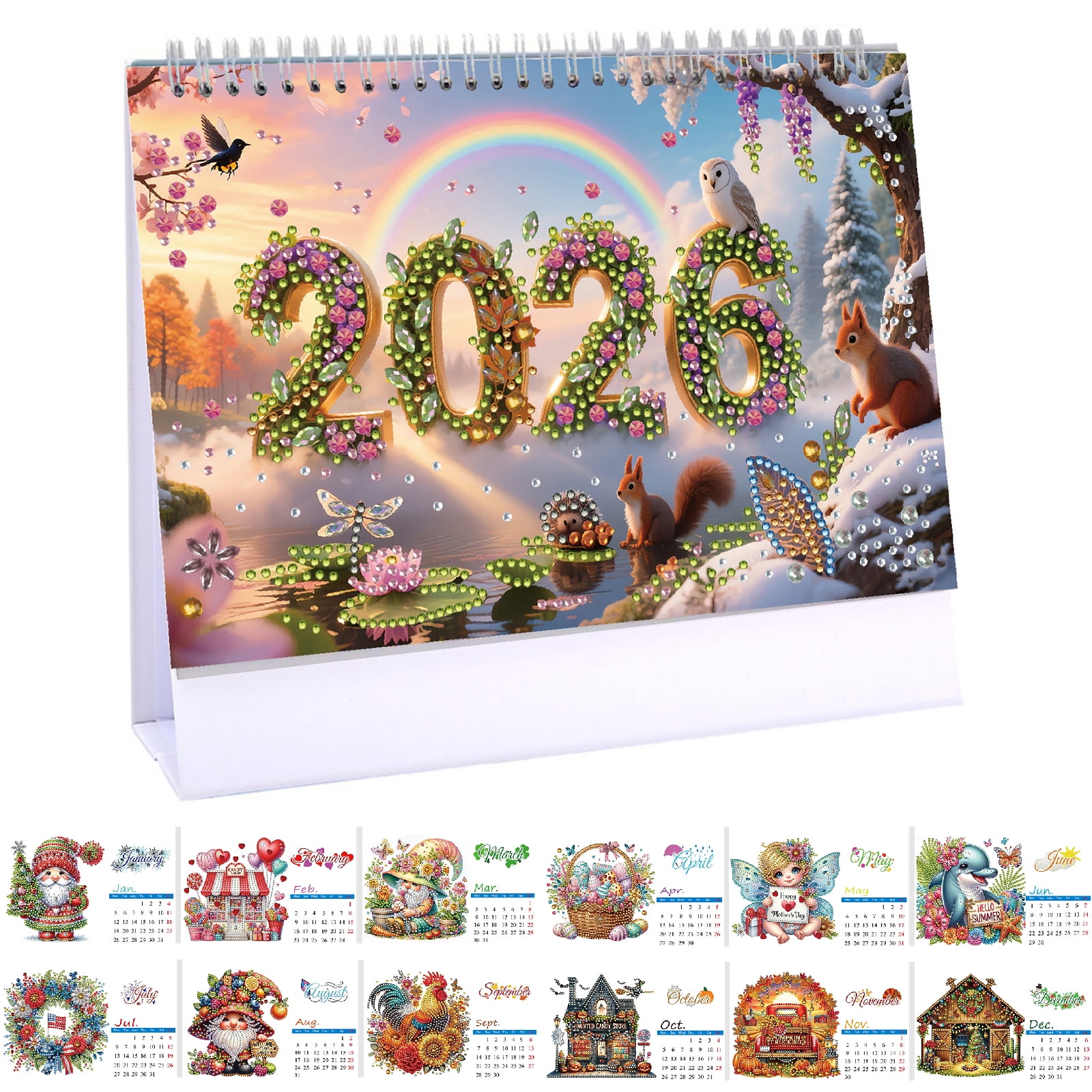 FLOPESN 2026 Desk Calendar DIY Diamond Painting Craft Kit – Complete Paper Calendar with Special Drills, Holiday Wreath & Gnome Themes for Home Office Decor-Mountain Squirrel