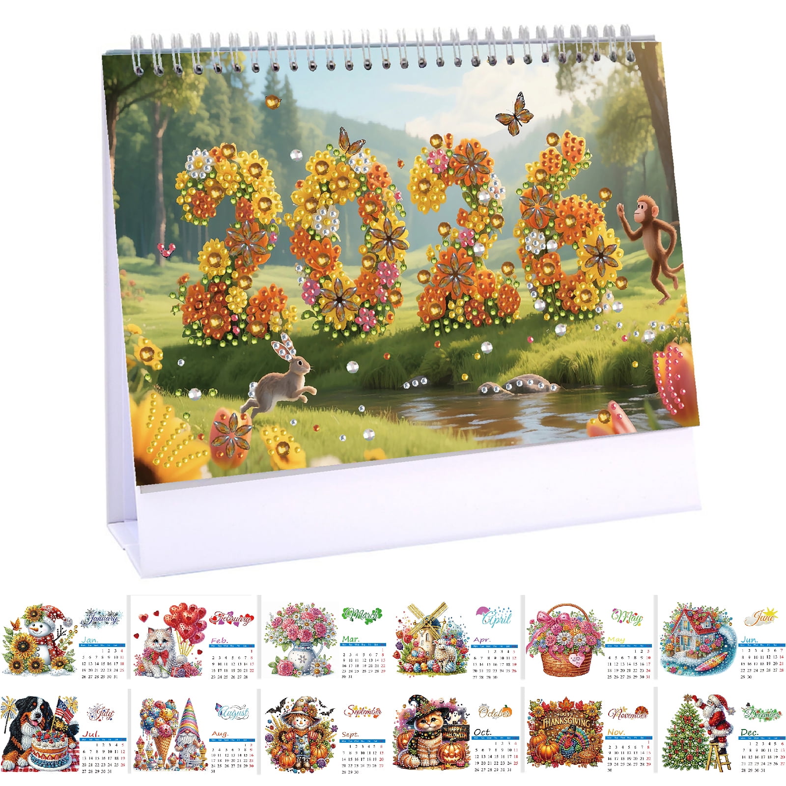 FLOPESN 2026 Desk Calendar DIY Diamond Painting Craft Kit – Complete Paper Calendar with Special Drills, Holiday Wreath & Gnome Themes for Home Office Decor-River Grassland-1
