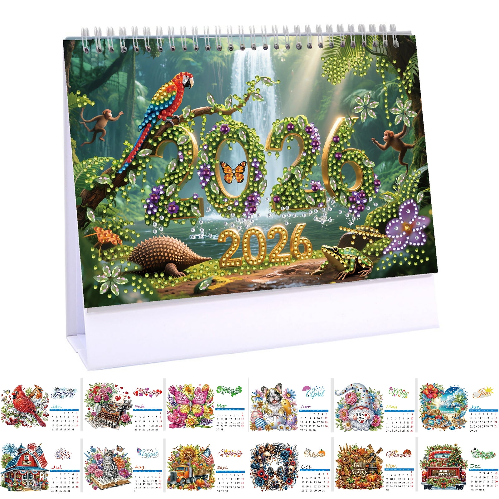 FLOPESN 2026 Desk Calendar DIY Diamond Painting Craft Kit – Complete Paper Calendar with Special Drills, Holiday Wreath & Gnome Themes for Home Office Decor-Waterfall