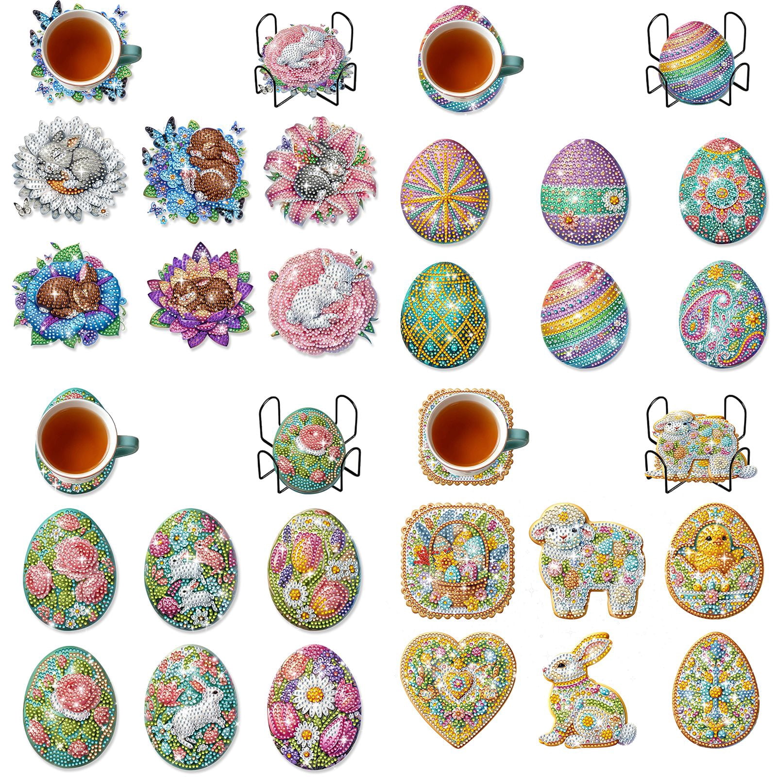FLOPESN 24Pcs Easter DIY Diamond Art Coasters Kits, Creative Irregular Shape Wooden Desktop Decoration Gift Coasters