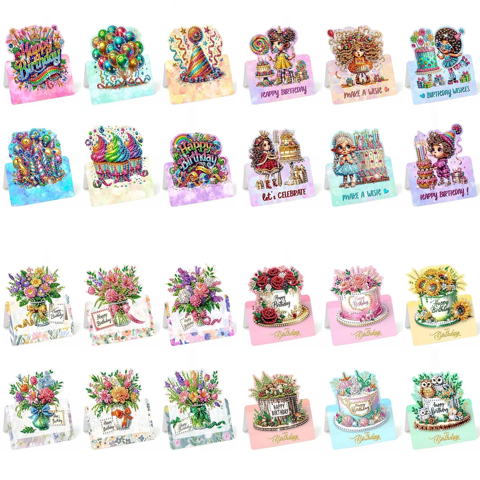 FLOPESN 24Pcs Happy Birthday DIY Diamond Art Painting Greeting Card,3D Folding Card Kit,White 4.5X9.1in Envelopes for Festival Gift