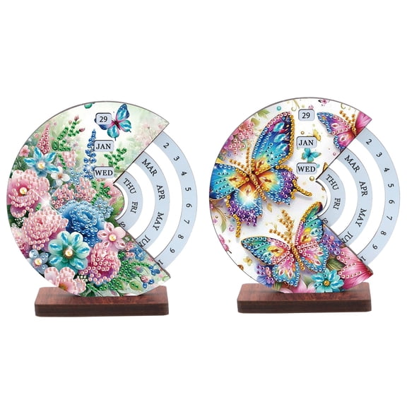 FLOPESN 2PCS-Butterfly Permanent Calendar DIY Diamond Art Painting Kits Ornaments, Creative Design Diamond Art Wooden Home Decor, Rotatable Desktop Calendar