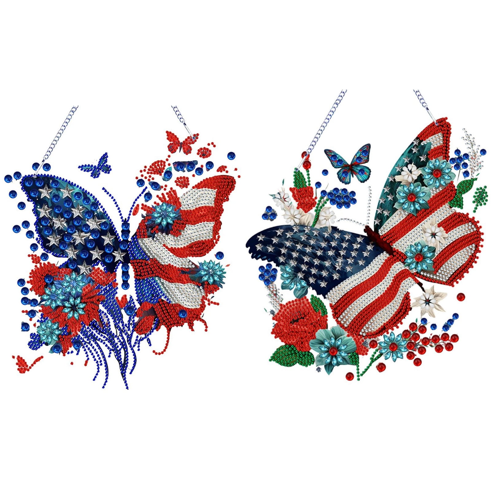 FLOPESN 2PCS DIY Diamond Pendant Diamond Art Painting Independence Day USA Butterfly Creative Design PVC Home Decoration Pendant (Single Side Diamond)