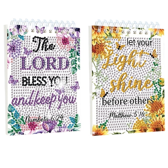 FLOPESN 2PCS Floral Bible Verse Diamond Art Notebook Set, 80 Pages Inspirational Stationery Journal, DIY Craft Kit