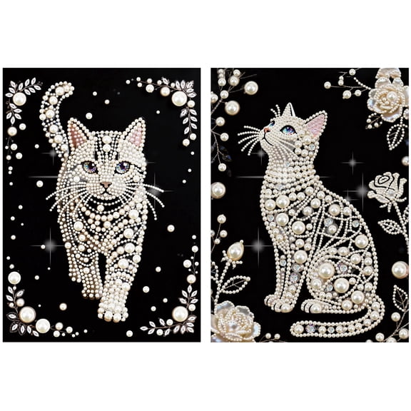 FLOPESN 2Pcs Cats DIY Gemstone Pearl Diamond Art Painting Kit, 9.84X13.78in, Black Canvas Holiday Present Home Wall Decor Unframed