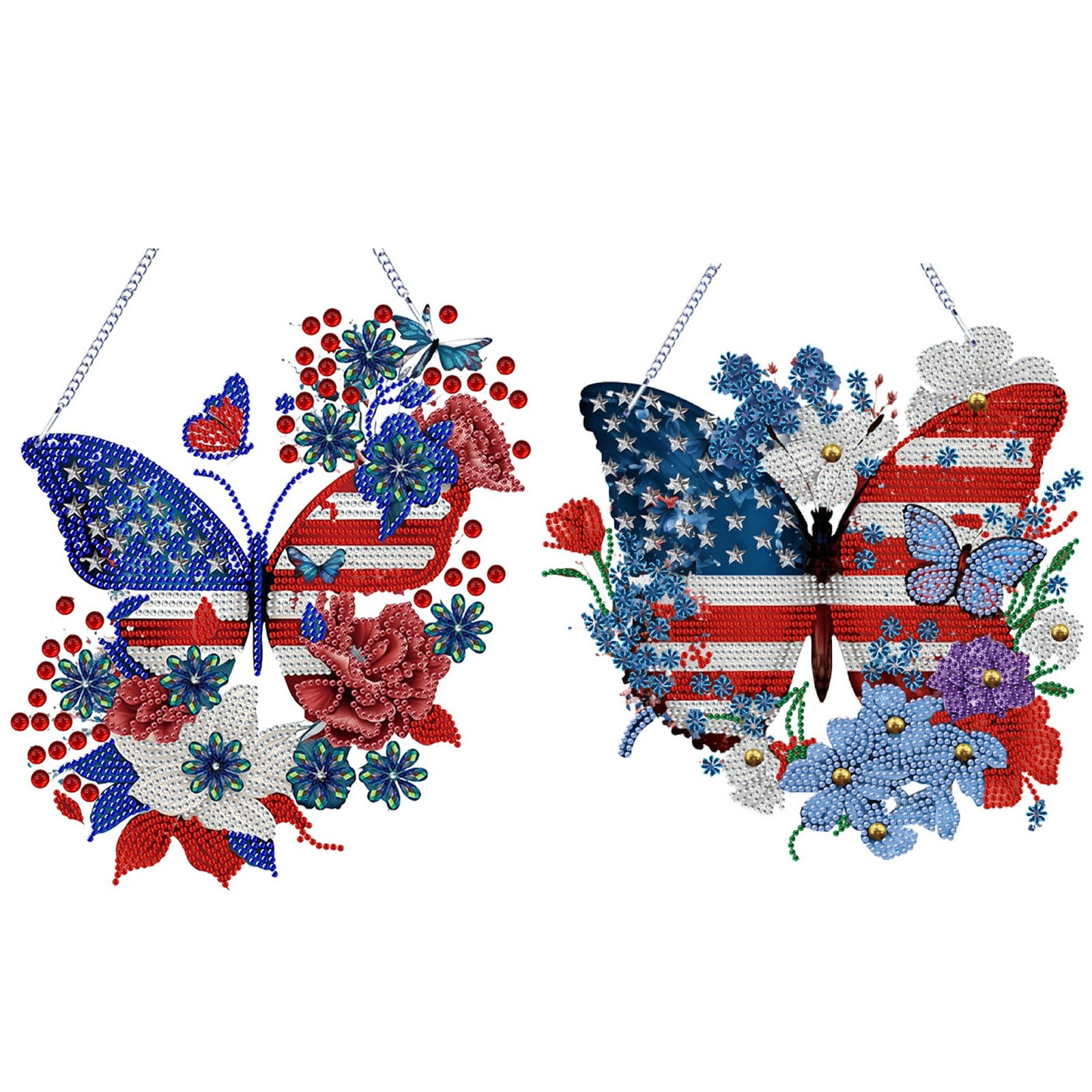 FLOPESN 2Pcs DIY Diamond Art Kits, American Independence Day USA Butterfly Style, 9.84*8.27 in Diamond Painting Pendant, Creative Design Wall Decor