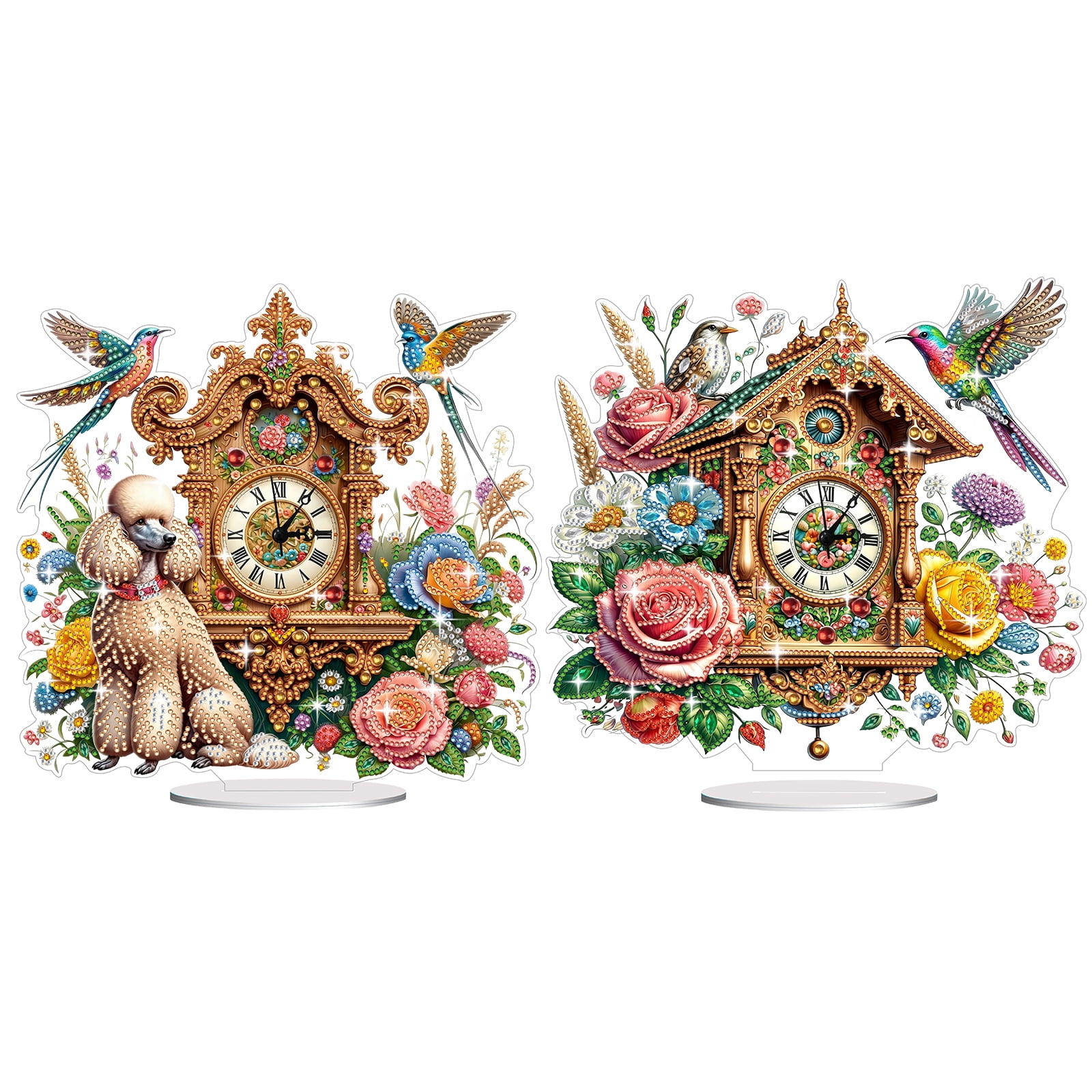 FLOPESN 2Pcs DIY Diamond Art Painting Desk Decor, 11.61*10.75 inch, Clock with Vintage Flowers and Birds Theme, Creative PET Table Ornament