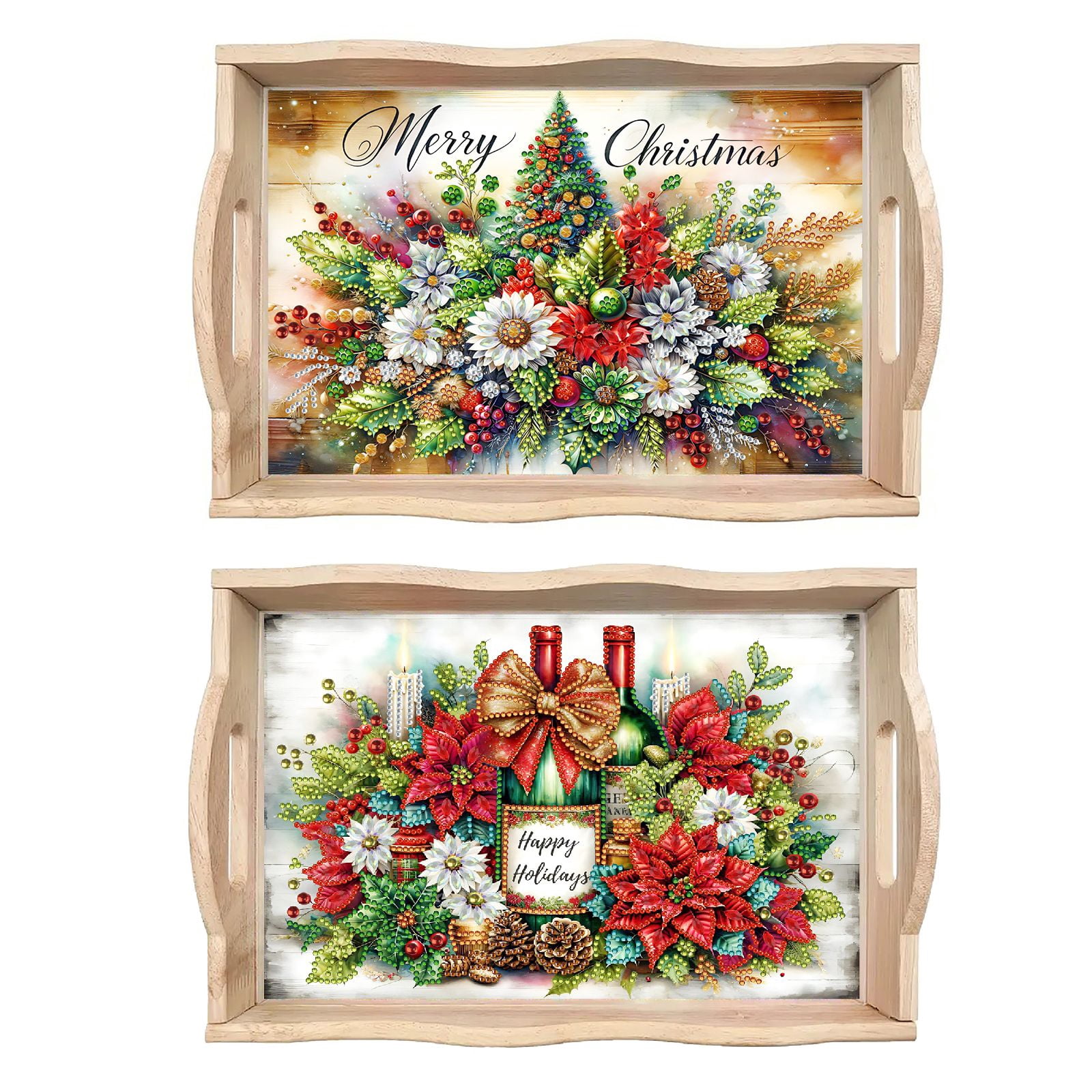 FLOPESN 2Pcs DIY Diamond Art Painting Wooden Tray,Creative Design Handmade Dinner Plate Partial Diamond Art for Coffee Living Room Home Organizer