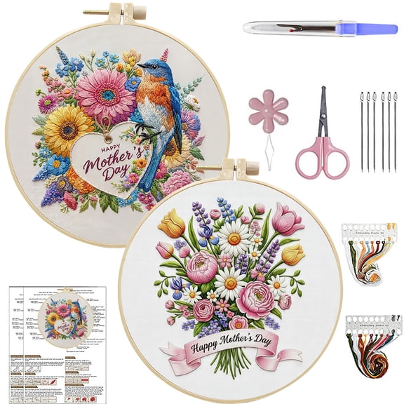 FLOPESN 2Pcs DIY Mother's Day Hand Embroidery Kit, 7.87*7.87inch, Floral Cross Stitch Set with Hoop, Threads & Tools, Beginner Friendly Handmade Gift for Mom