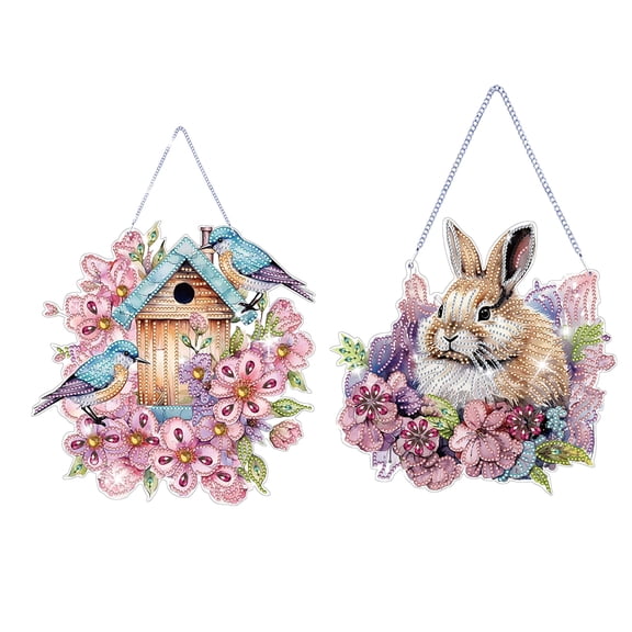 FLOPESN 2Pcs Easter Bunny DIY Diamond Art Painting Pendant Kits, Creative Design, PET Material Home Decor -Birdhouse Rabbit