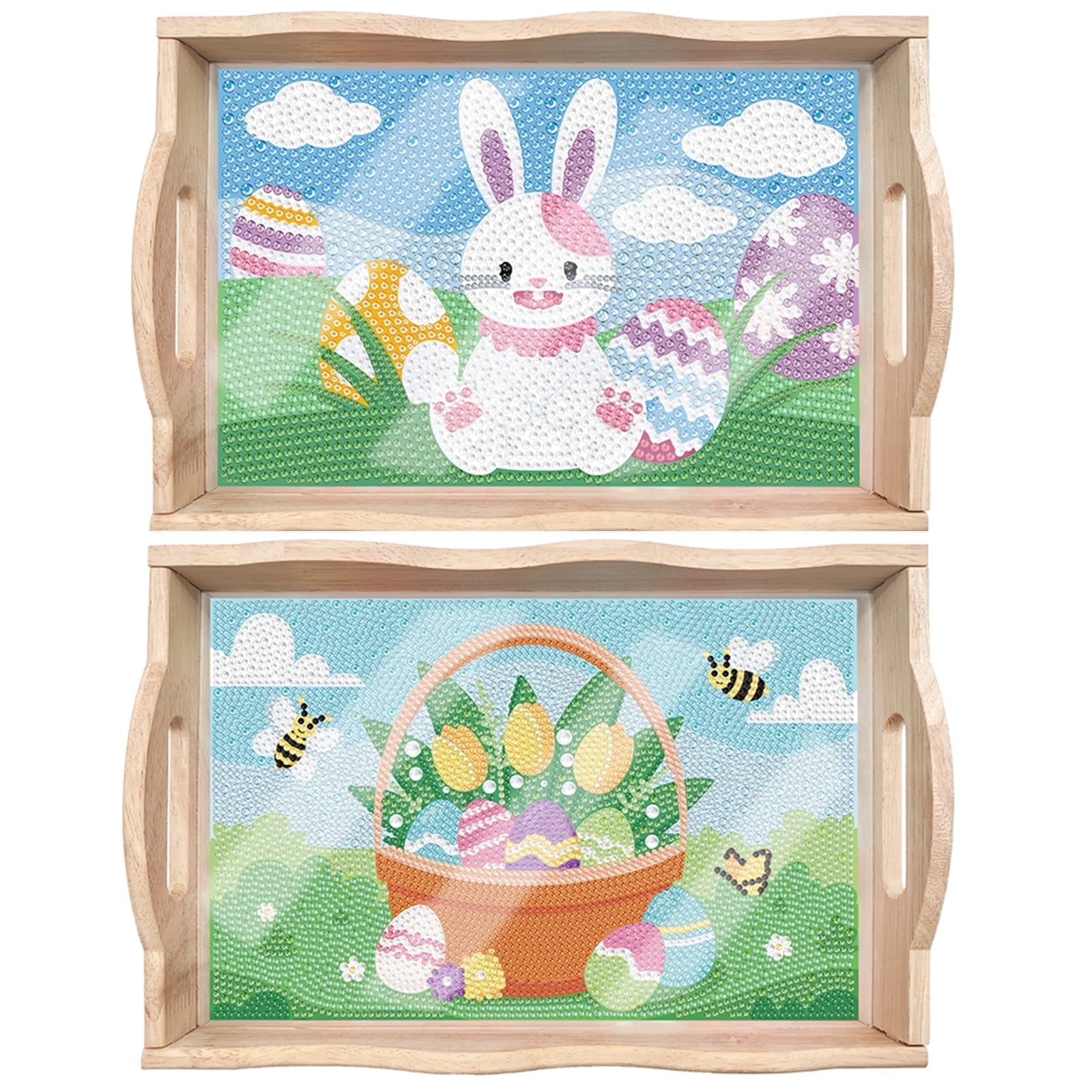 FLOPESN 2Pcs Easter Bunny DIY Diamond Art PaintingTray, Creative Design Handmade Wooden Dinner Plate For Kitchen、Coffee Shop